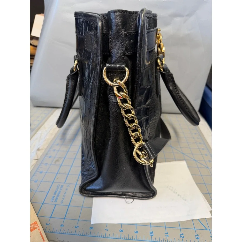 Michael Kors Hamilton Black Mixed Media Calf Hair Croc Embossed Leather Tote Bag